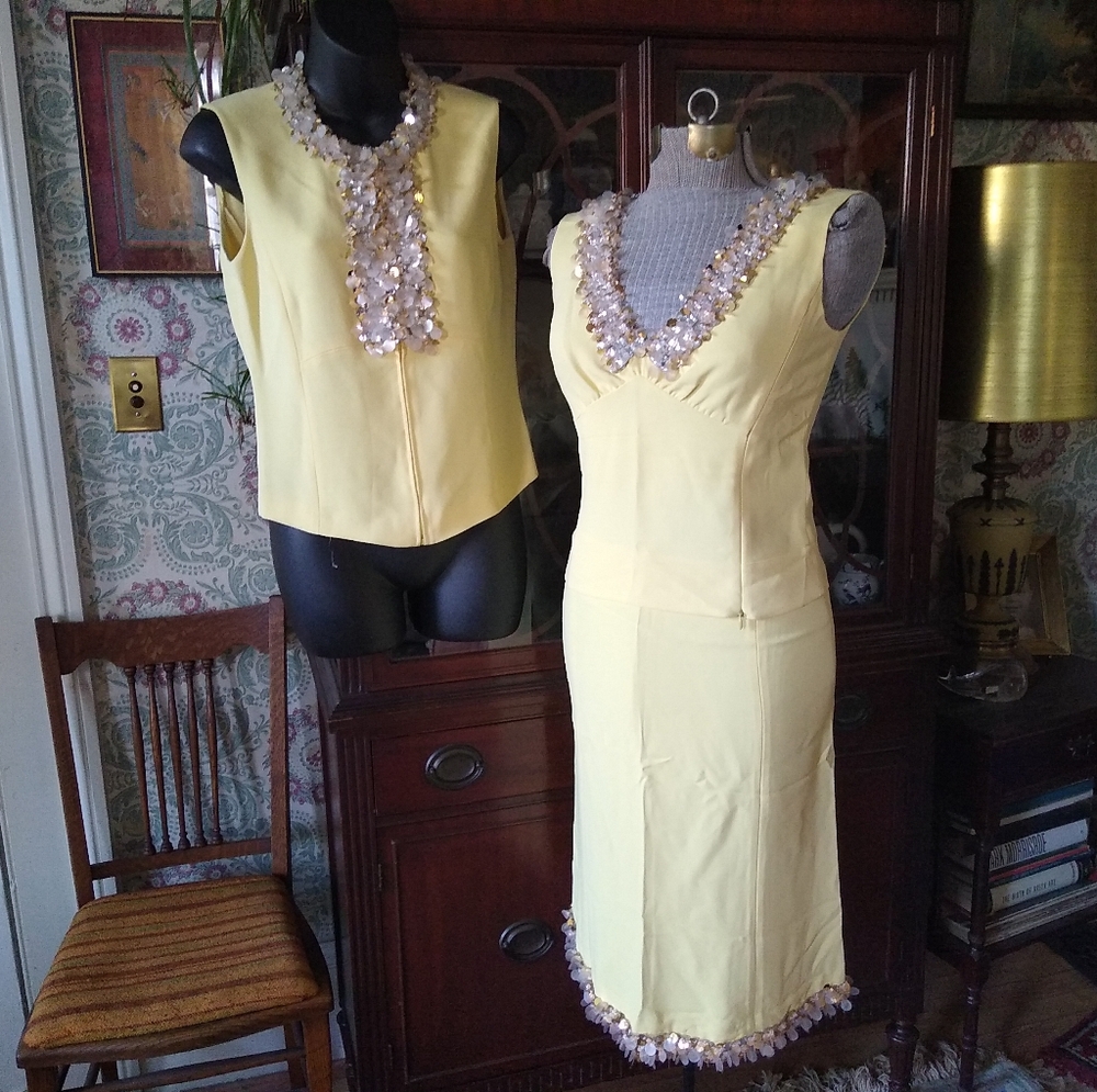 MIU MIU Light Yellow 3-Piece Skirt And Two Tops Set with Sequin Embellishments